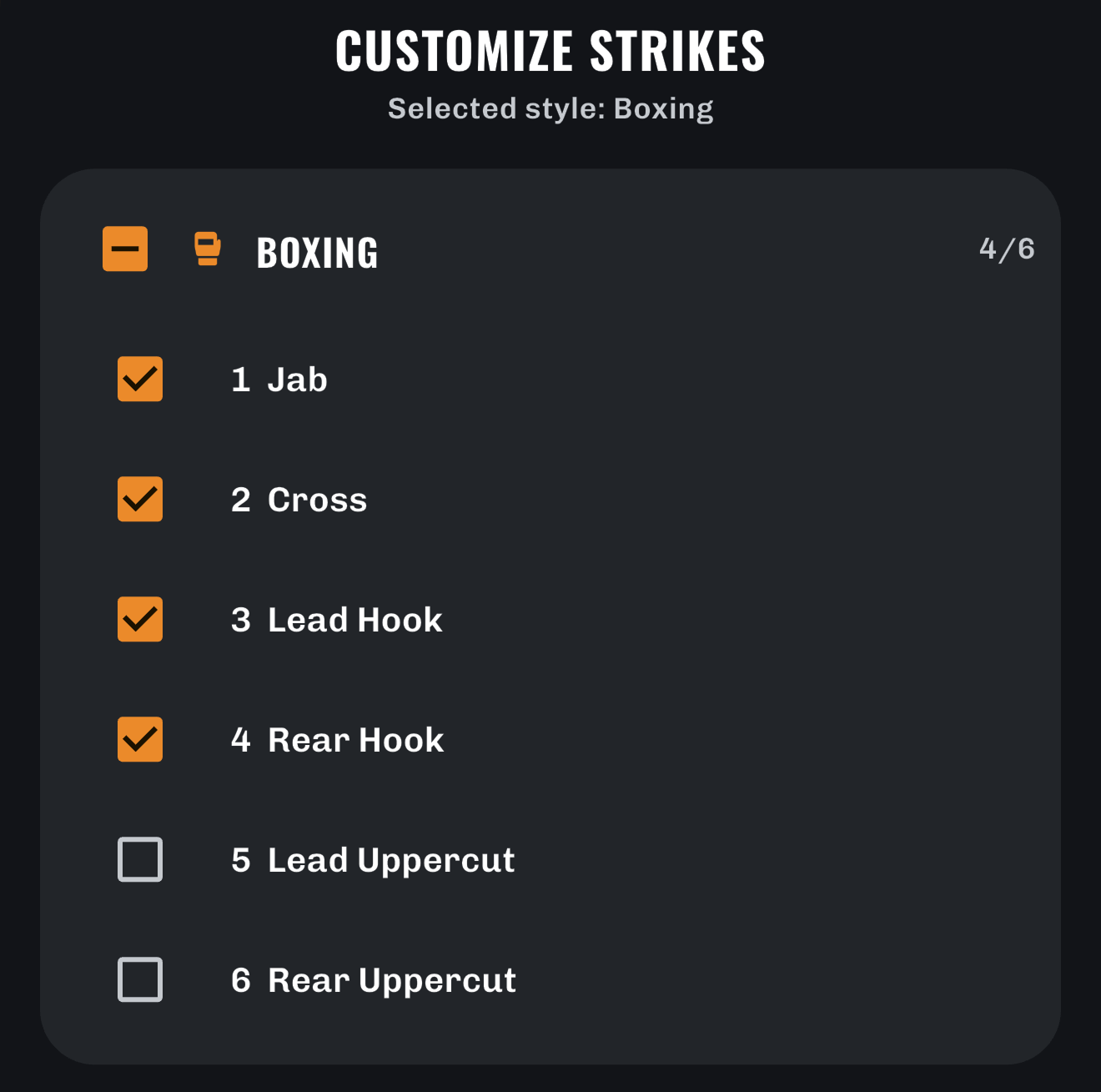 Punchy customize strikes screen with selected boxing movements
