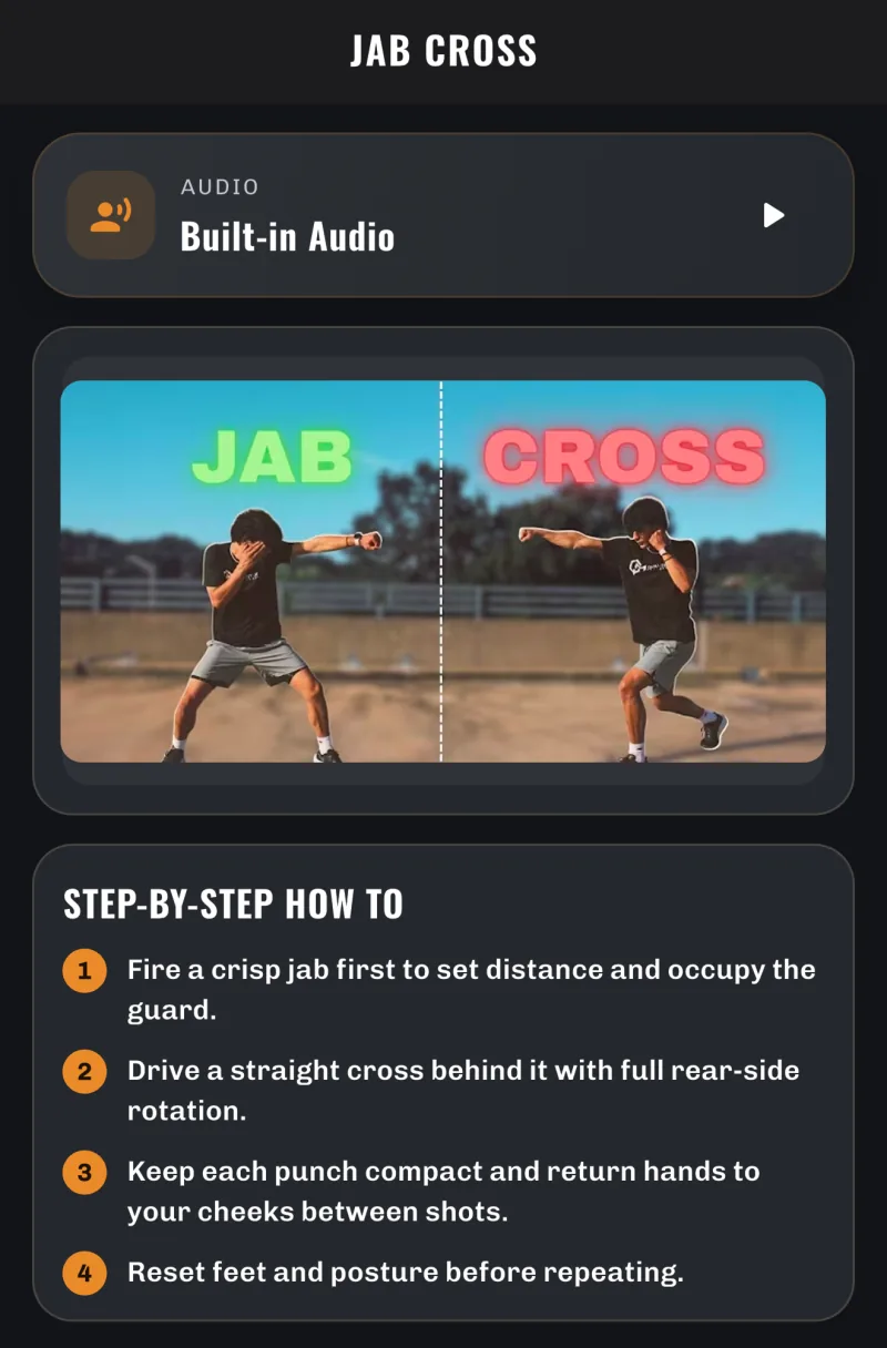 Punchy movement learning screen showing jab cross audio, video, and step-by-step instructions